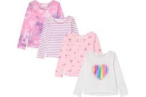 BTWEEN Girls Long Sleeve Fall Graphic Tops, School & Sports Tees, 4 Pack Multiple Pattern Tshirts