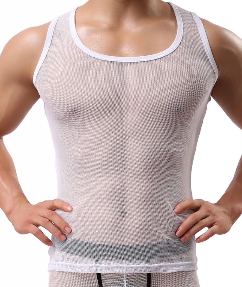 Handu Men's Mesh Slim Fit Tight See-through Workout Gym Tank Tops X-Large White