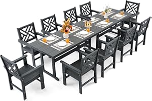 AXMOLM 12 Piece HDPE Outdoor Dining Set for 10, Patio Dining Furniture Set with 2 Table and Umbrella Hole, Outdoor Table and Chairs for Garden, Poolside, Backyard, Deck