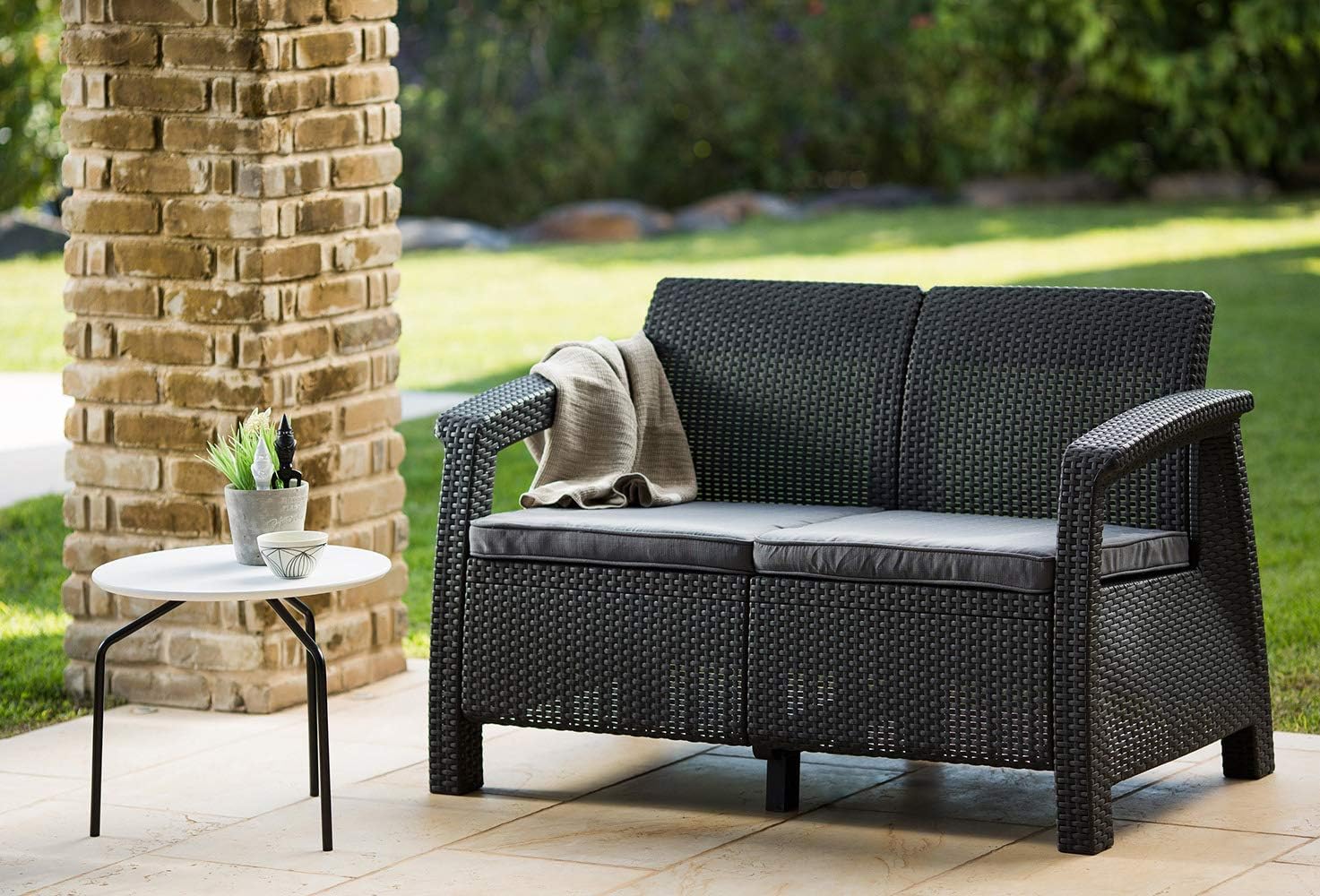 Keter Corfu Resin Wicker Loveseat with Outdoor Cushions – Patio Furniture Perfect for Front Porch Décor and Poolside Love Seats, Grey : Patio Loveseats : Garden & Outdoor