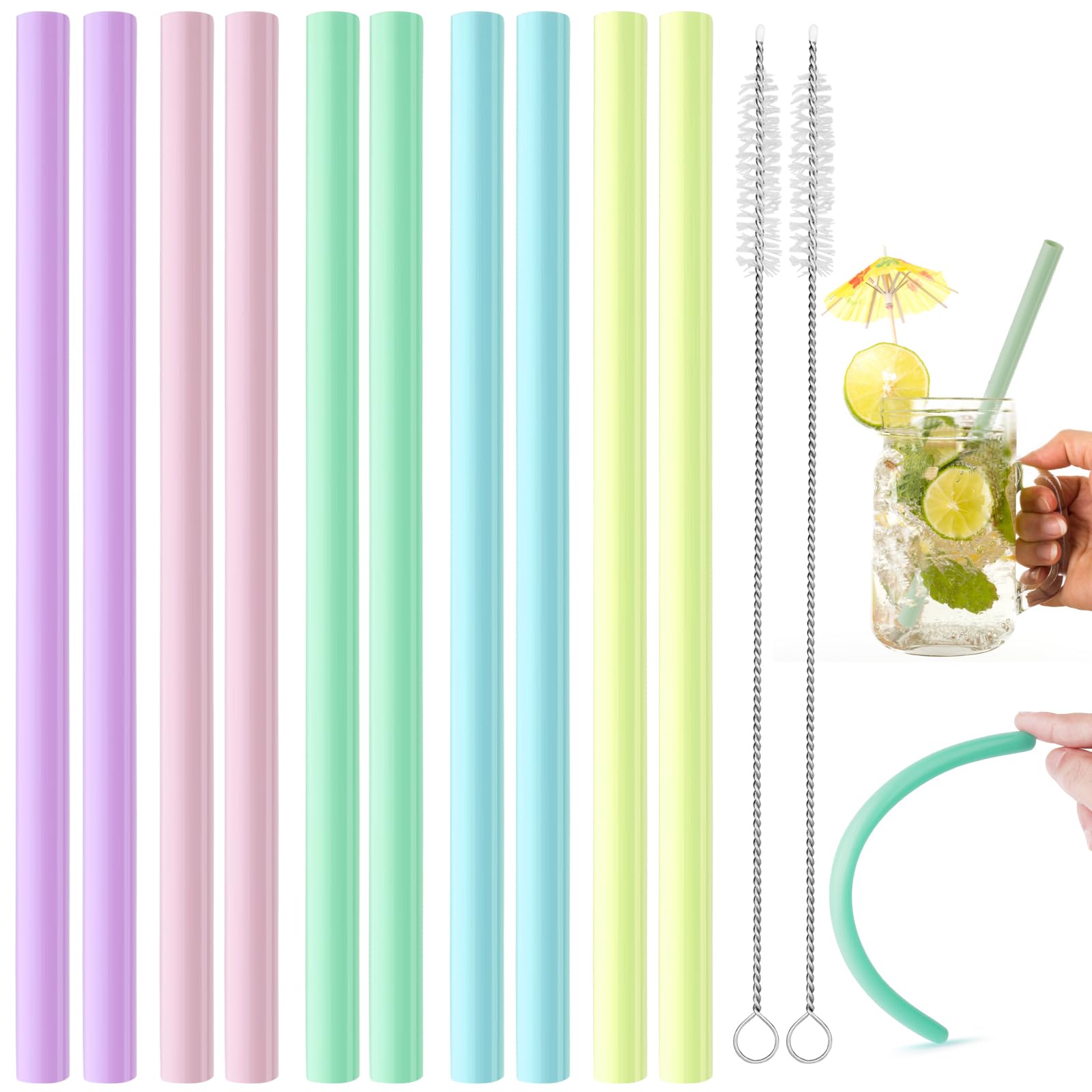 12 Pack Silicone Reusable Straws, Colourful Replacement Straws with 2 Cleaning Brushes, Silicone Drinking Straws BPA-Free Inner Diameter 8mm