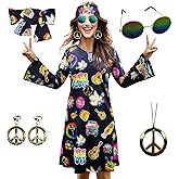 MRYUWB 70s Hippie Dress Costumes Necklace Earrings Sunglass Women Disco Outfit, 60s Party Costume, Halloween Retro Dresses