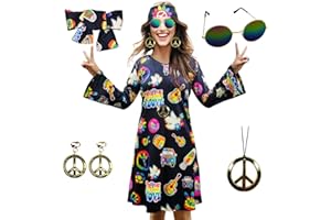 MRYUWB 70s Hippie Dress Costumes Necklace Earrings Sunglass Women Disco Outfit, 60s Party Costume, Halloween Retro Dresses