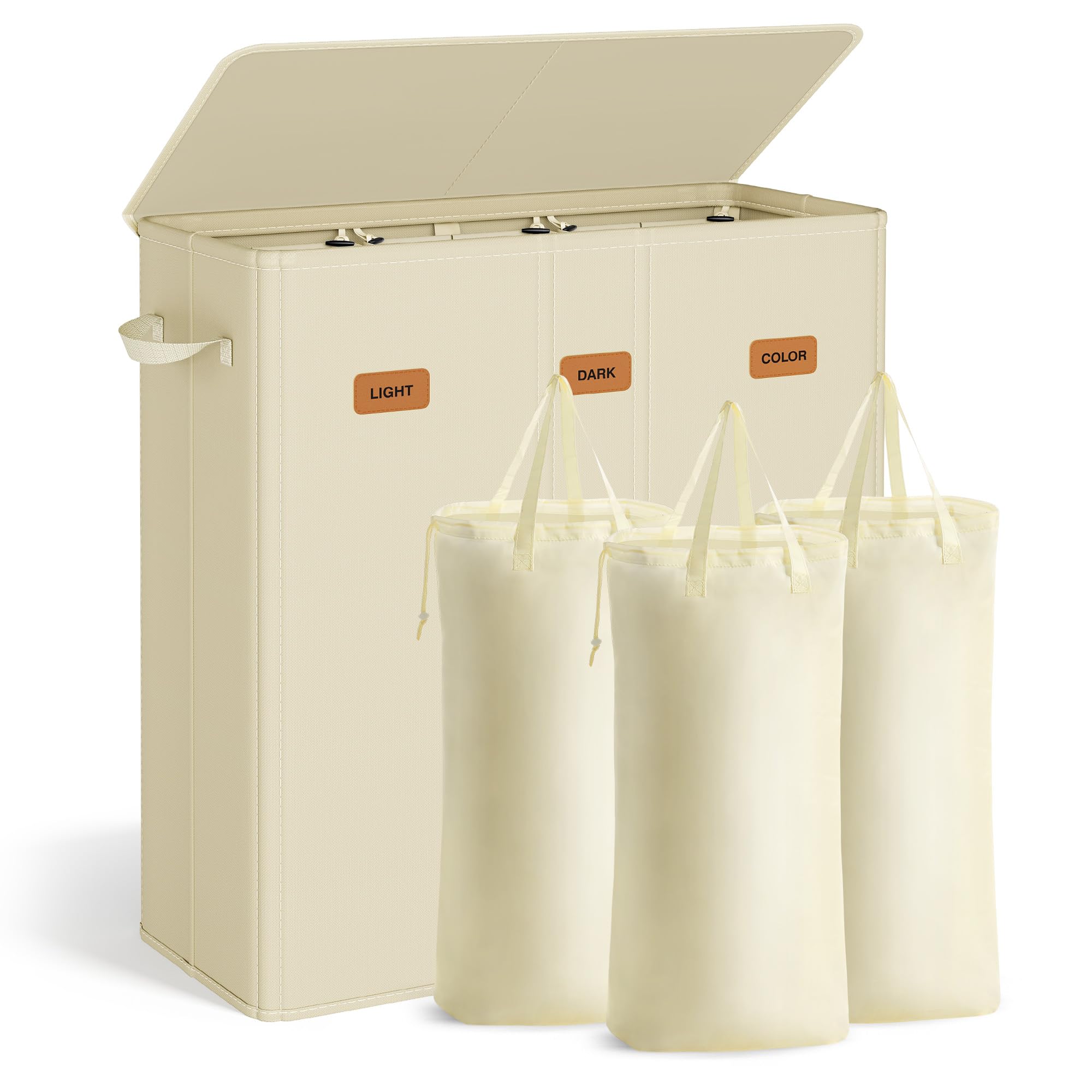 SONGMICS Wäschekorb mit 4 Fächern, 210 L, mit Deckel, 5 Etiketten, herausnehmbarer und waschbarer Innensack, Waschküche Schlafzimmer, dunkelgrau RLH014G01