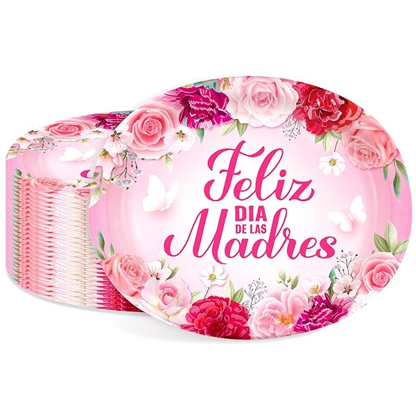 FELIZ DIA DE LAS MADRES PLATES 50PCS,HAPPY MOTHER’S DAY SPAINISH PARTY DECORATION,MOTHERS DAY PINK FLORAL OVAL DISPOSABLE PAPER PLATES FOR BEST MOM EVER PARTY SUPPLIES,11.6 X 9.4 INCH