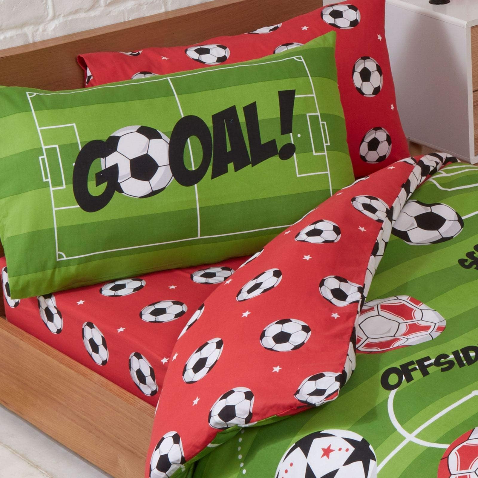 Price Right Home Football Red and Green Bedroom Range - Kids, Teens, Sports Theme - Duvet Cover Set, Fitted Sheet Set & Curtains Available (Single Fitted Sheet Set) — image 1