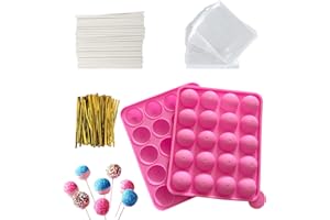 HYCSC 20 Cavity Silicone Cake Pop Mold Kit - Tray with 60pcs Sticks, Bags, Ties, Great for Lollipop and Chocolate