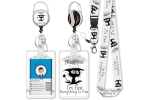 IMMATURUS Id Badge Holder with Breakaway Lanyard, Black Cat Badge Reel Retractable Heavy Duty and Detachable Name Tag Clips, I'm Fine Everything is Fine Lanyards for Id Badges, Nurse Teacher Office Gifts
