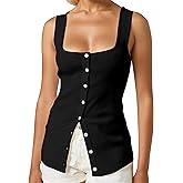 AIHUKOCY Women Square Neck Button Down Knit Tank Top Button-Up U Neck Sleeveless Backless Solid Slim Sexy Sweater Vest Tops Black