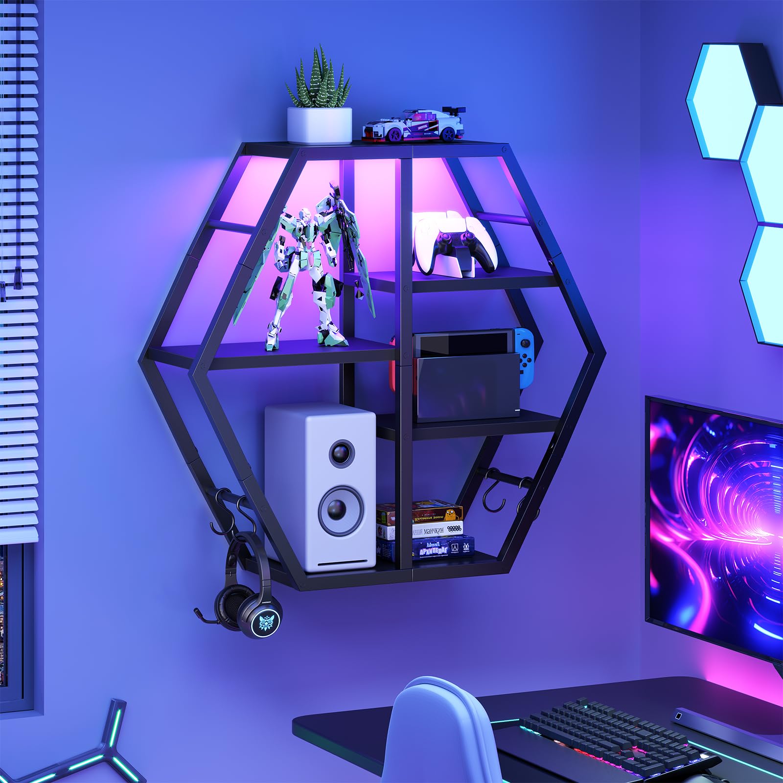 Photo 1 of HOOBRO Gaming Floating Shelves with LED Lights, Gaming Wall Mounted Shelf, Hexagonal Display Rack for Wall Storage, Floating Rack with 4 S-Hooks, for Gaming Room, Black BB76DBJ01