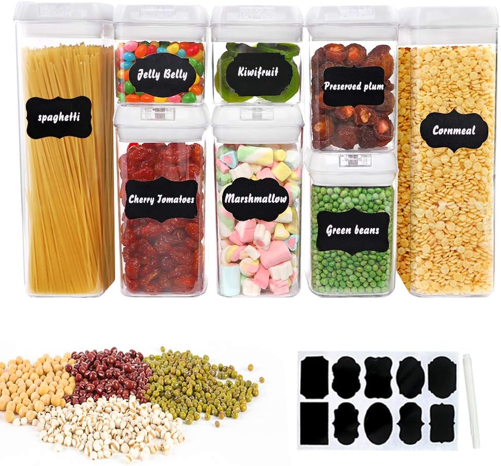 Simplebreeze 8pcs Airtight Food Storage Containers Plastic Cereal Storage Containers 0.5L/0.8L/1.2L/1.9L/3.1L, with Chalkboard Labels and Marker