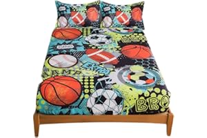 qjmiaofang Football Sheets Set Full Size Boys Ball Sports Fitted Sheet 3 Pieces Basketball Bedding Set for Kids Girls Baseball and Rugby Bed Sheet Set with 2 Pillowcases Soccer Pattern for Home Decor