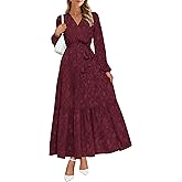 PRETTYGARDEN Womens Spring Long Sleeve Wrap V Neck Ruffle Floral Maxi Dress Casual Tie Waist Boho Chiffon Flowy Long Dresses