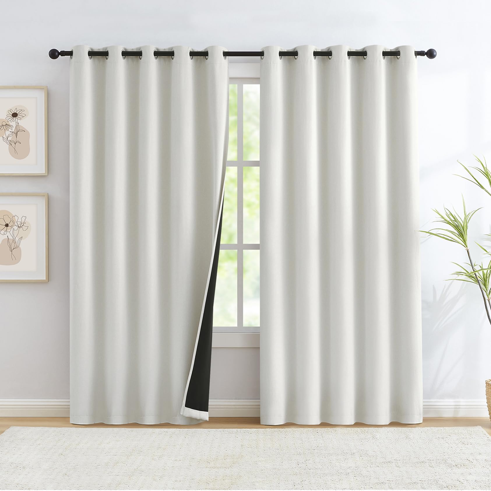 Treatmentex Natural Linen Full Blackout Curtains for Bedroom Thermal Insulated Energy Saving Window Panels Farmhouse Burlap Texture Ivory Drapes for Living Room 2 Panels Set Grommet Top 60"x 72"x2