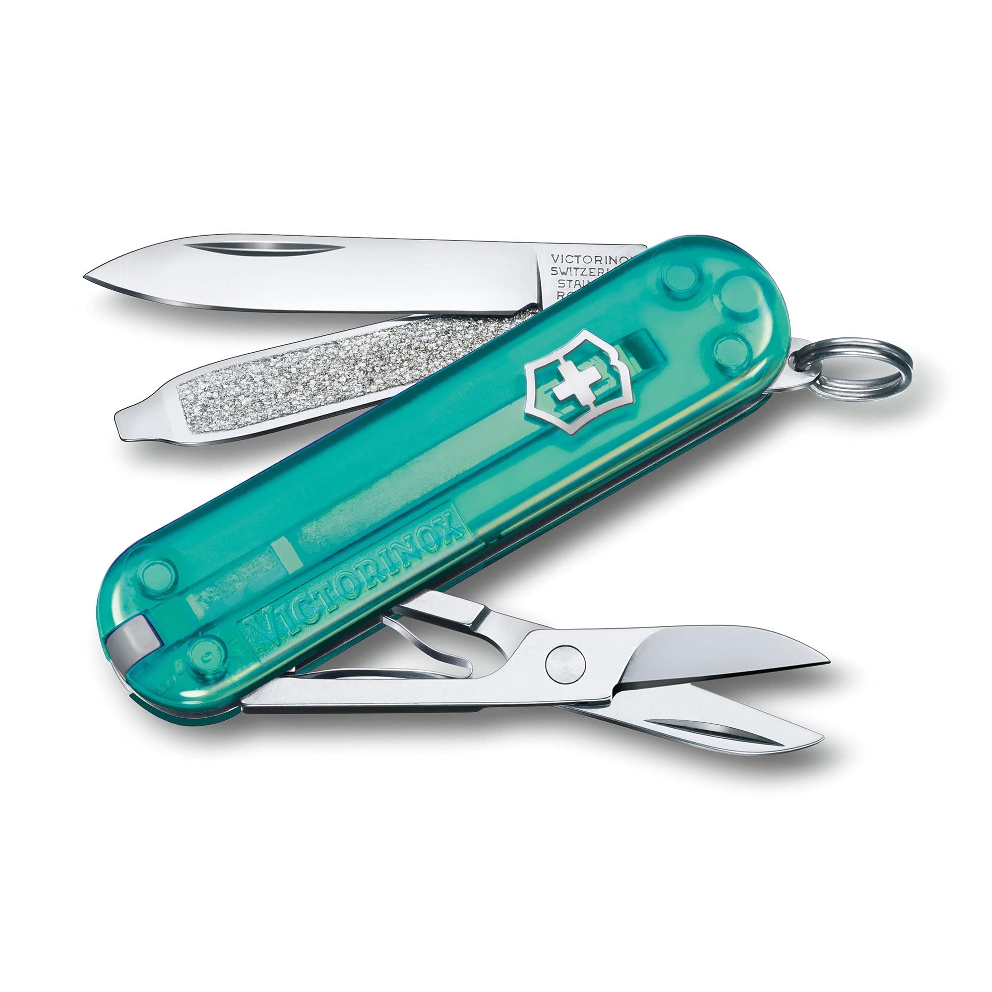 Victorinox Classic SD Mini Swiss Army Knife, Camping Pocket Knives, 7 Functions, Blade, Keyring, Mint Transparent
