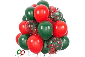 ASIYUHY Red and Green Balloons 50 Pcs 12 Inch Christmas Latex Balloons Set Green Red Confetti Balloons with 2 rolls of ribbon for Christmas Holiday Party Decoration