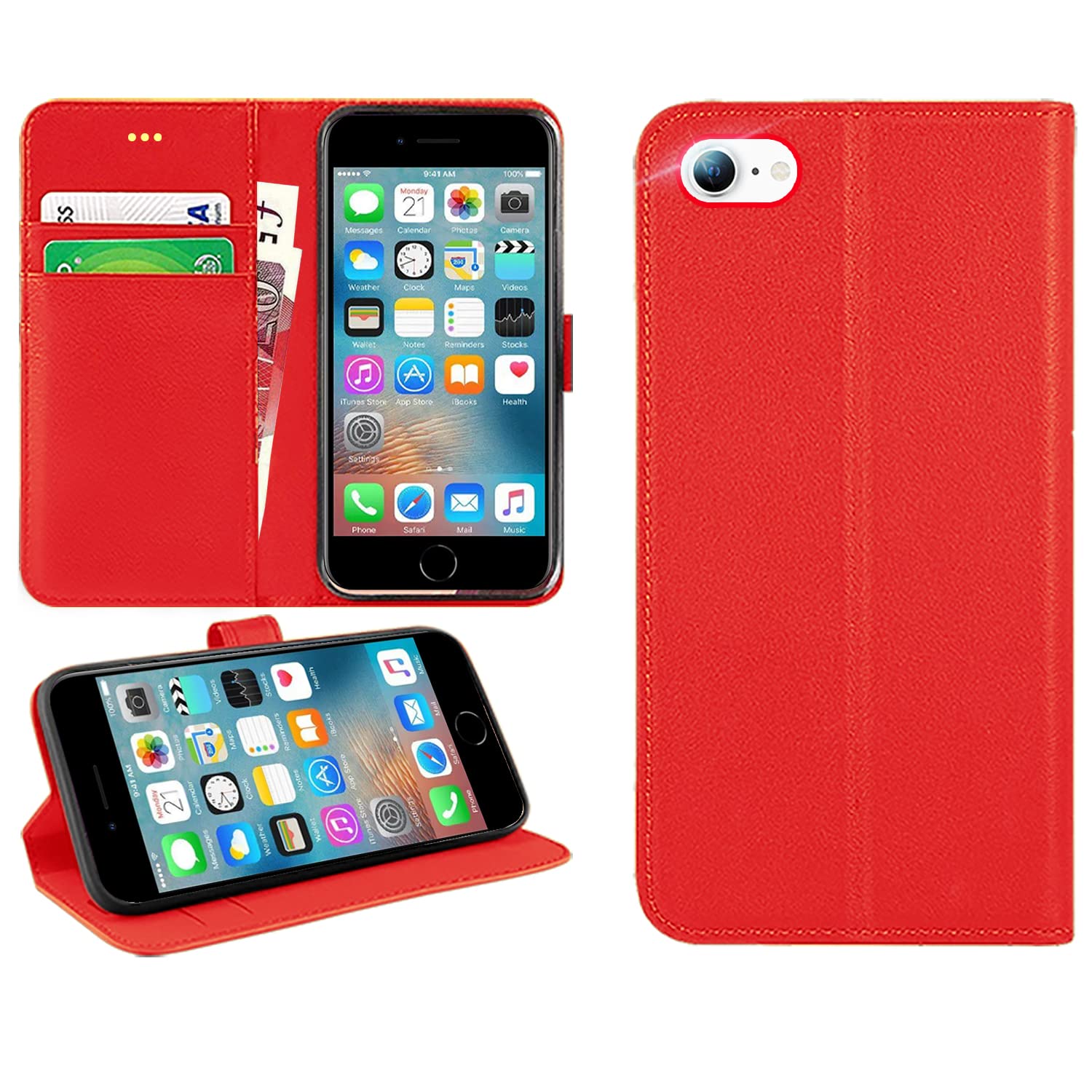 DN-Technology For iPhone SE 2022/SE 2020/8/7 Case Flip Wallet [Card Holder] [Magnetic Closure] [Kickstand] PU Leather Phone Cover 4.7 inch (RED)