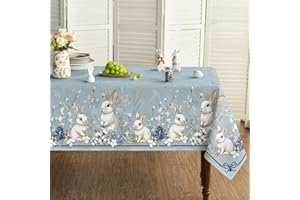 Horaldaily Easter Tablecloth 60×84 Inch Rectangular, Blue Easter Bunny Flowers Washable Seasonal Table Cover for Party Picnic