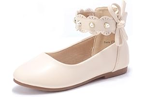 PANDANINJIA Girls Dress Shoes Flower Girl Flats Pearls Ballet Bow Mary Jane Ankle Strap Wedding Party Shoes for Toddler Little Big Kid
