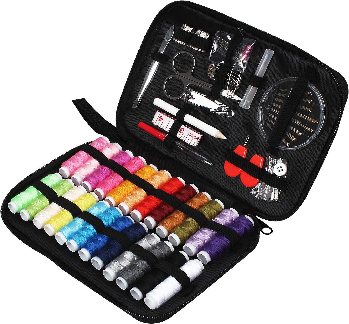 TUXWANG Sewing Kit 90pcs Premium Sewing Accessories and Carrying Case for Home, DIY, Beginners, Traveler, Emergency with Scissors, Thimble, Thread (24 Spools), Needles(30pcs), Tape Measure, and More