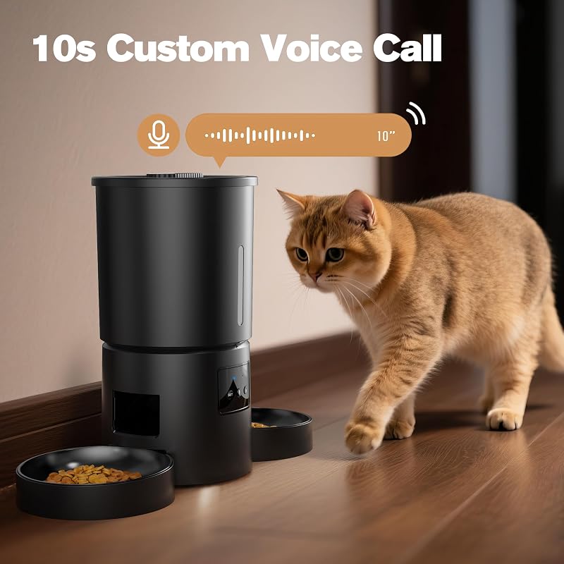 Distributore Automatico Cibo Gatti 2 Ciotole: 5L Distributore Automatico Cibo Cane con Timer WiFi 2.4G per Crocchette - Design Doppia Ciotola per Famiglie con Più Gatti & Cani - Nero