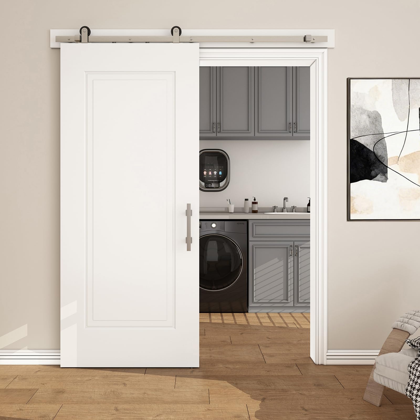 Photo 1 of ***DAMAGED - SEE NOTES/PICTURES***TRUCK/TRAILER PICKUP ONLY***JUBEST 36''x84'' Sliding Barn Door, 1 Panel with 2 Steps White Primed Sliding Closet Door with Satin Nickel 6FT Hardware Kit, Hollow Core Interior Door, Pre-Assembled Panels, Durable & Sturdy