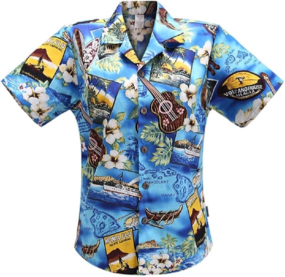 Amazon シェリー クリス Sherry Chris ペアルック メンズ レディース コットン100 アロハシャツ リゾート ビーチ プリント カジュアル ワイドカラー 半袖 ハワイアン シャツ M レディース ブルー シャツ 通販