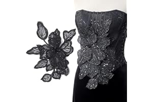 HHQ Handmade Rhinestones Applique Sewing Beads Stones Trim Lace Patches Sparkly Silvery Sew on Sequins Crystal Beaded Bodice Accessory for Wedding Dresses DIY Decorative Clothes (DH01-BK)