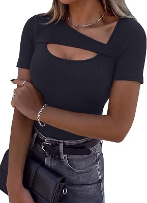 Camiseta de Mujer Manga Corta Acanalado Elástico con Cuello Redondo