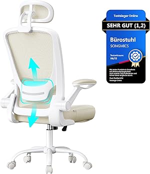 SONGMICS Bürostuhl ergonomisch, Drehstuhl mit Mesh, Lenden- und Kopfstütze, Wippfunktion, 53 cm große Sitzfläche, klappbare Armlehnen, Arbeits- und Schlafzimmer, Studenten, cappuccinobeige OBN047K01