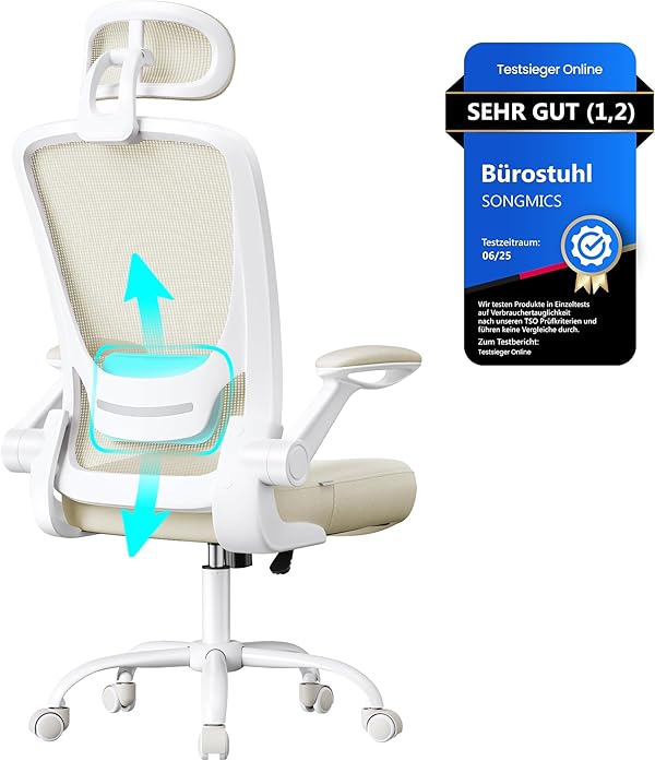 SONGMICS Bürostuhl ergonomisch, Drehstuhl mit Mesh, Lenden- und Kopfstütze, Wippfunktion, 53 cm große Sitzfläche, klappbare Armlehnen, Arbeits- und Schlafzimmer, Studenten, cappuccinobeige OBN047K01
