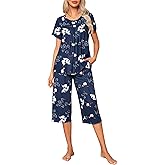 Ekouaer Pajama Set for Women 2 Piece Capri Pants Short Sleeve Top Sleepwear Soft Pjs Loungewear with Pockets S-3XL