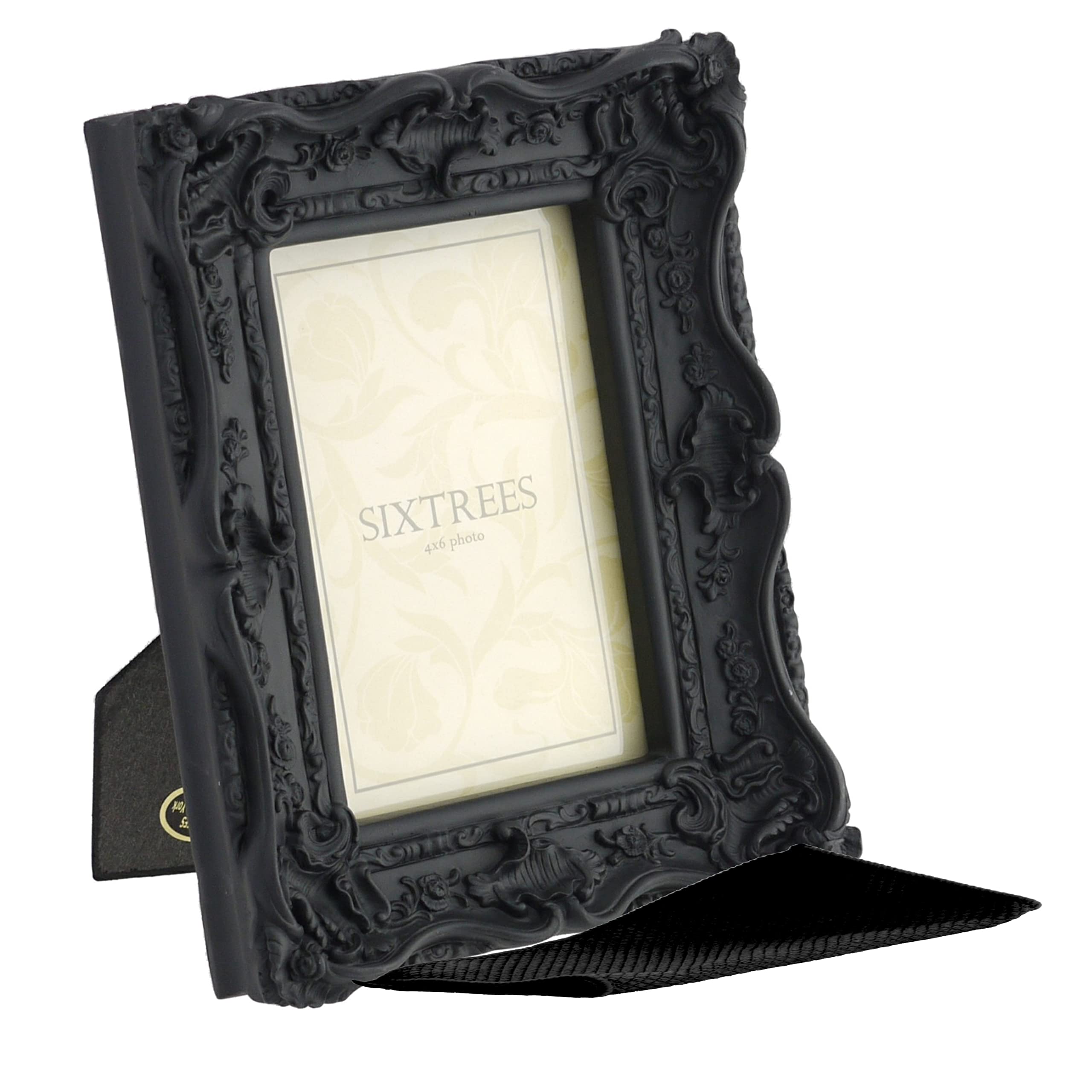 Sixtrees Chelsea 5-253-46 Ornate Vintage Swept Shabby Chic Black 6x4 inch Photo frame - with Microfibre glass cleaning cloth.