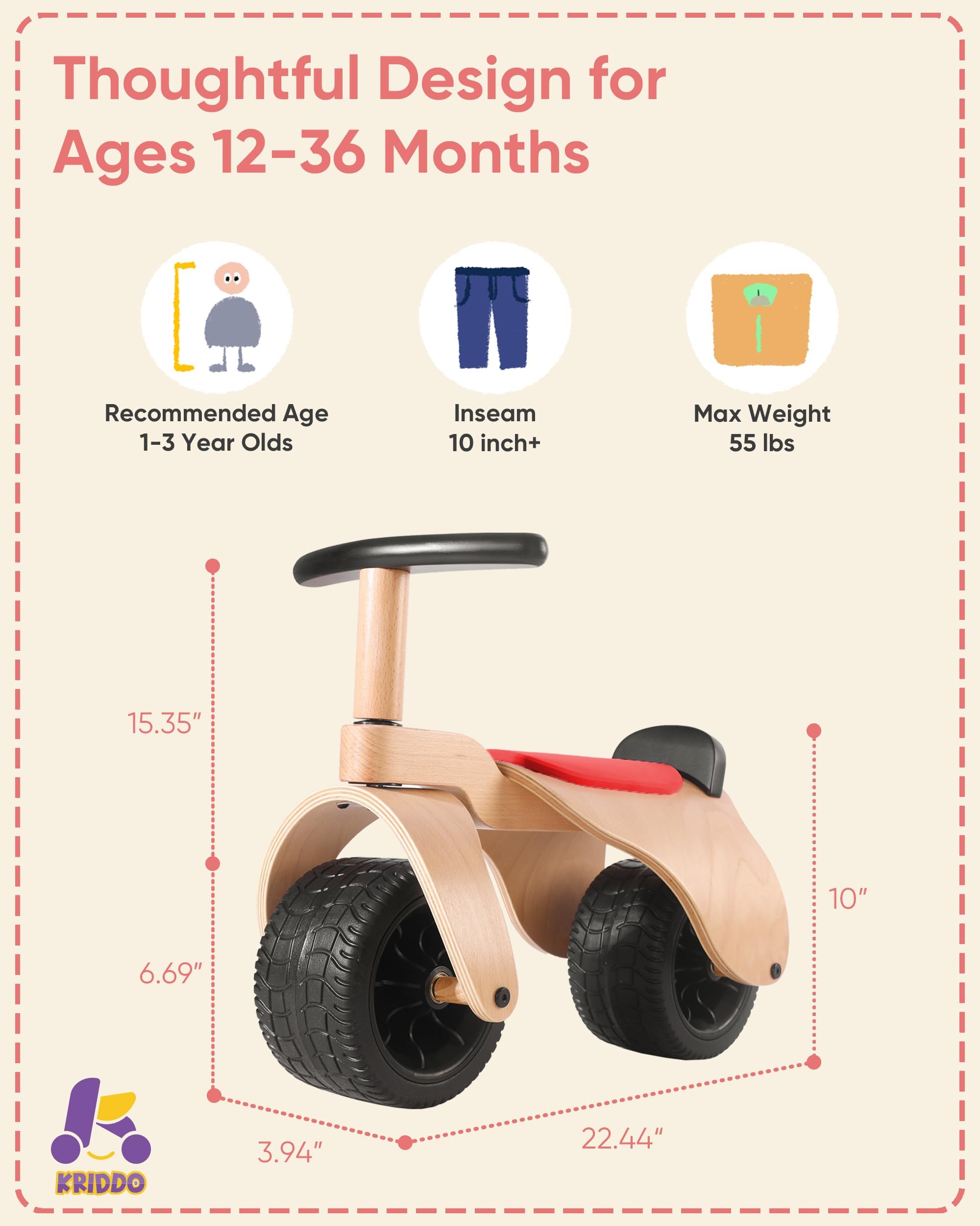KRIDDO Wooden Baby Balance Bike 1 Year Old, Wide Wheels for Stable and Smooth Ride, Boy Girl First Balance Bike Gift for 12 Month to 3 Year, Non-Sharp Edge, Soft Seat