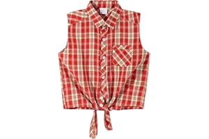 Noomelfish Girls Plaid Sleeveless Button Down Shirt Tie Knot Blouse Tank Tops (5-12 Years)