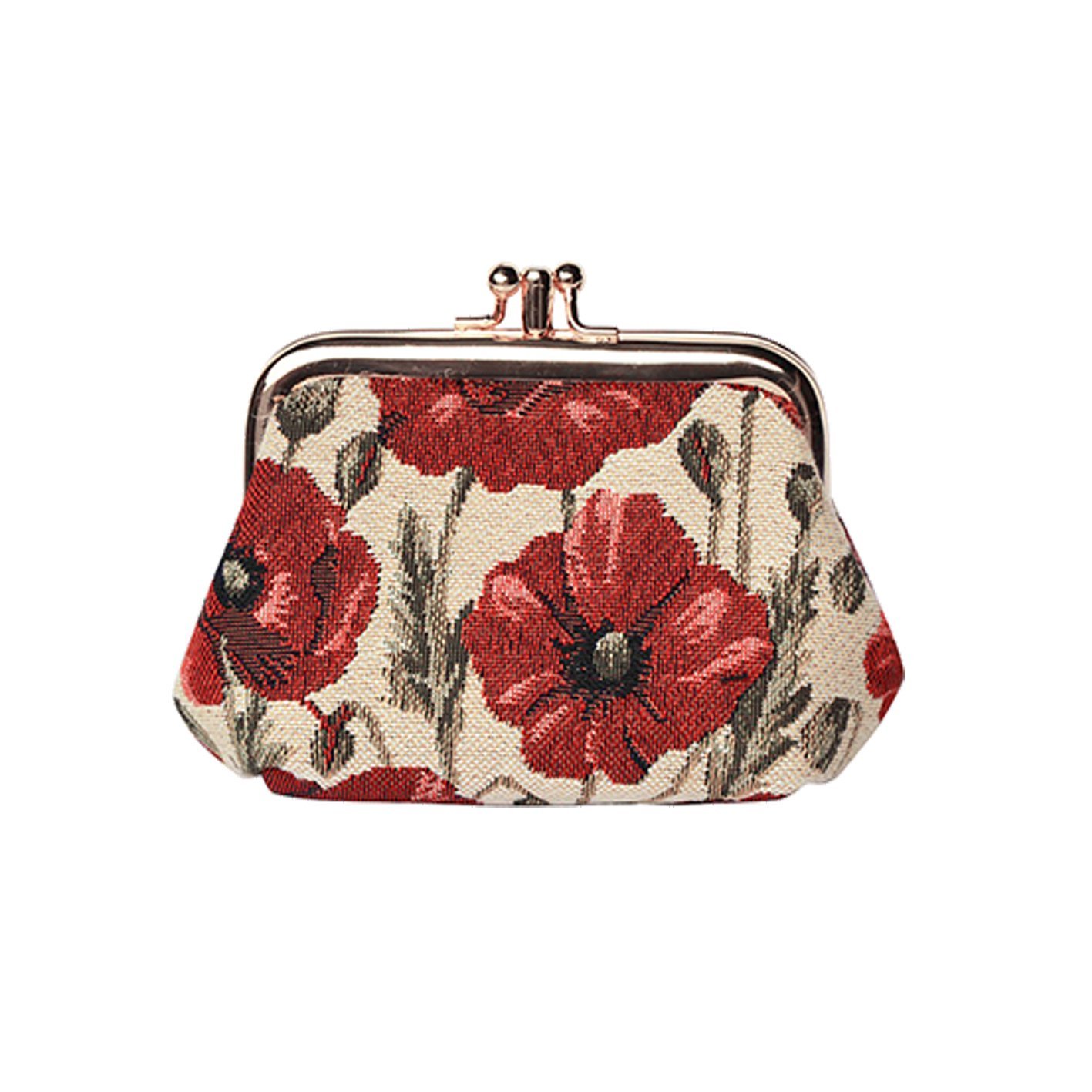 Signare Tapestry Cute Exquisite Double Pocket Kiss Lock Coin Purse for Women with Floral Design (Poppy)
