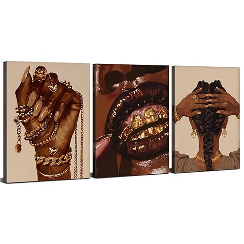 Black Women Wall Art Glitter Gold Jewelry Picture for Girls Bedroom Bathroom Wall Decor Luxury Abstract Fashion African American Female Poster Hip Hop Artwork Living Room Home Decoration 12x16" 3P