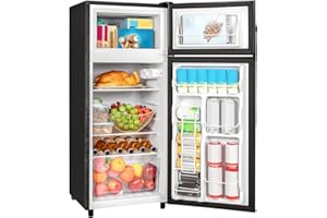 Tehanld Double Door Refrigerator with Freezer, 4.5 Cu.Ft, Small Fridge with Freezer, 7 Settings Temperature Adjustable, Mini Refrigerator for Apartment Bedroom Dorm and Office (4.5 Cu.Ft, Black)