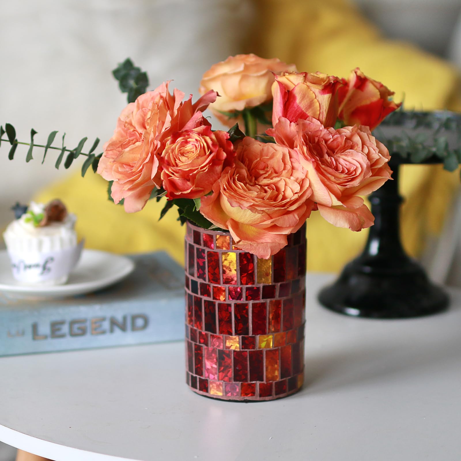 Photo 1 of Etolies Handmade Red Mosaic Bud Glass Vase for Home Decor Centerpiece - Decorative Small Glass Flower Vase for Office, Living Room, Kitchen .Valentine's,Christmas Table Centerpiece,Party Decor 1 PC