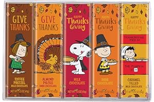 ASTOR Peanuts Thanksgiving Candy Individually Wrapped Chocolate Variety Gift Box, Snoopy Gourmet Bar Snack Set, Gifts for Adults and Kids, Rich Belgian Chocolate Give Thanks Consumable Gift, Kosher 1.75oz 5-Bars.
