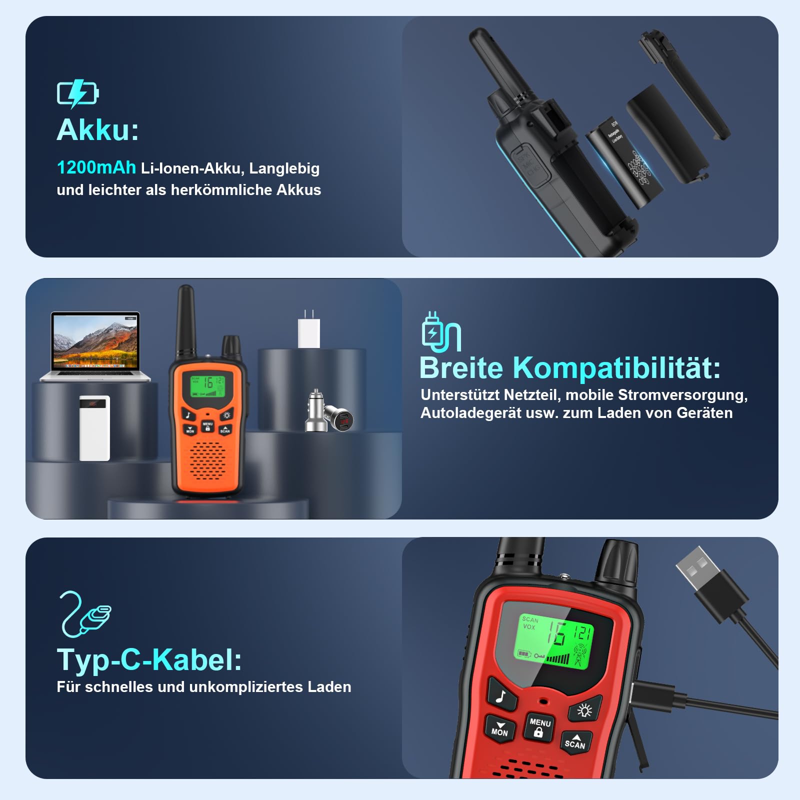 Walkie Talkie 3er Set Kinder Aufladbar, Rabigala Funkgeräte mit 5km großer Reichweite für Erwachsene, Li-ion Akku, VOX Freisprecheinrichtung, Taschenlampe LED, LCD 5