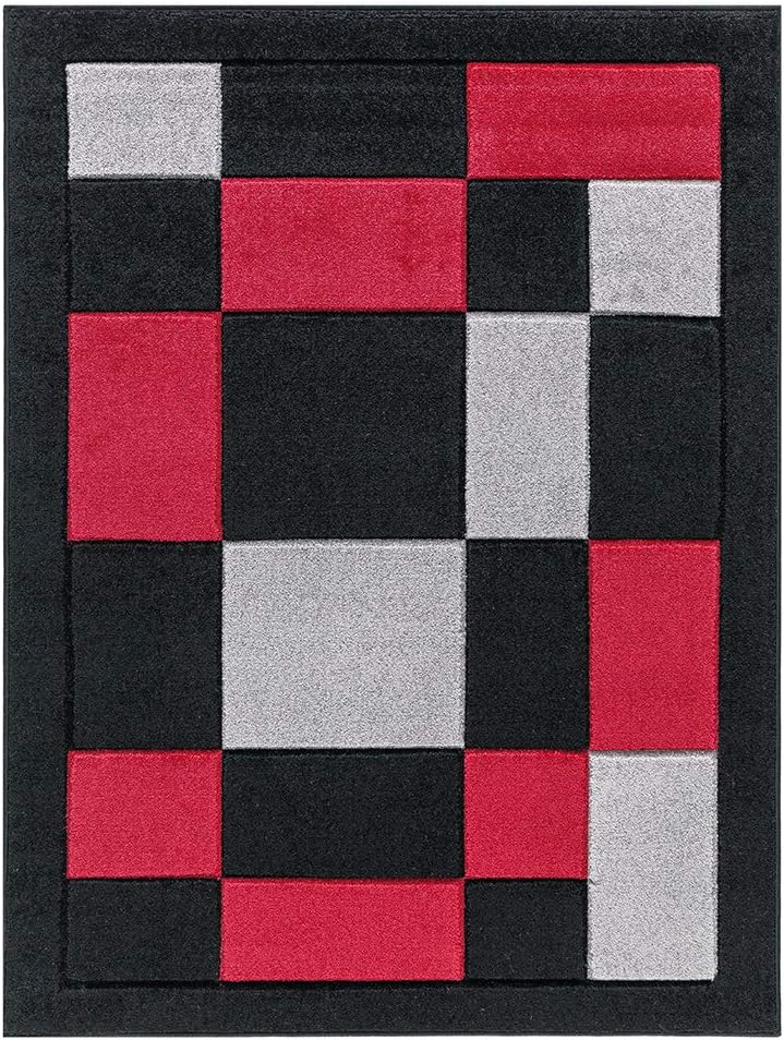 Black and Red 80 x 150 cm Soft Super Thick Havana Beautiful Square Pattern Rugs Small Carpets Stain Resistant for Living and Bedroom Area Rug