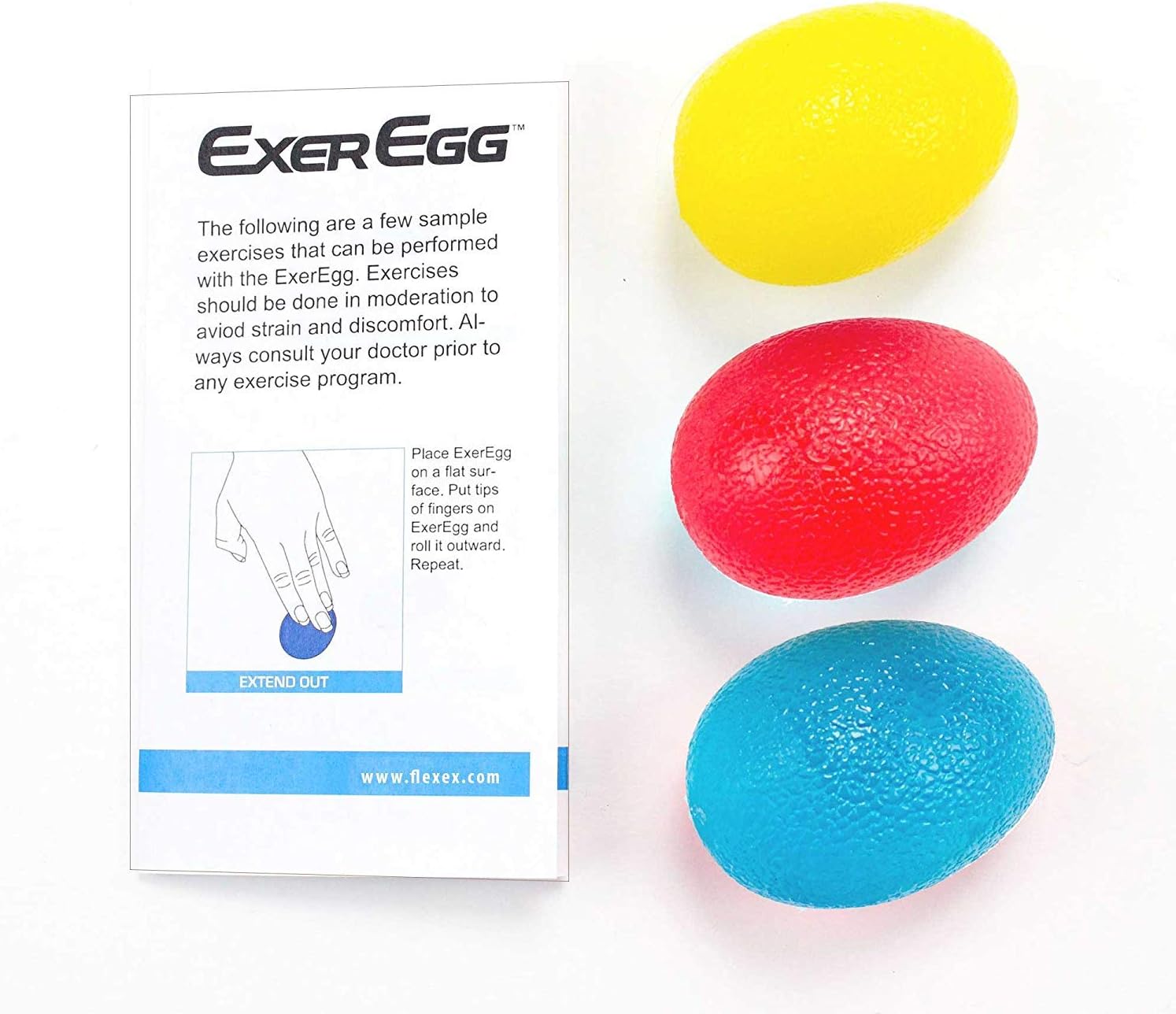 ExerEgg Hand Exerciser and Grip Strength Trainer, Finger Resistance Exercise Squeeze Eggs Rubber Stress Relief Therapy Squishy Egg - Set of 3 Resistance - Soft, Medium, Hard