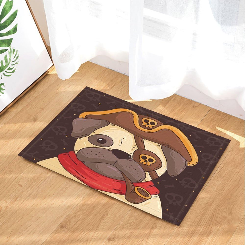 Cartoon Bath Rugs Funny Pirate Captain Shar Pei Dog Skull Decor For Kids Non-Slip Doormat Floor Entryways Indoor Front Door Mat Kids Bath Mat 60X40 CM Bathroom Accessories