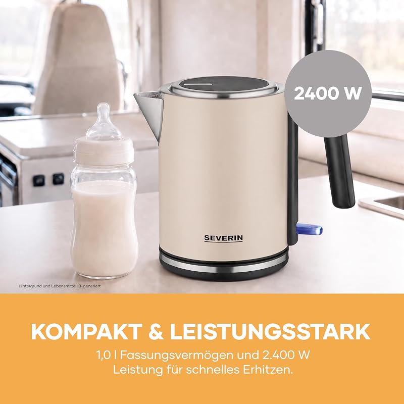 elektrischer Wasserkocher, 1L, mit herausnehmbaren Kalkfilter, XXL-Öffnung, Leuchtanzeige, 360°-Basis, Schnelles Aufkochen, 2.400 W, Wasserstandsanzeige, Edelstahl, dusty beige, WK 9577