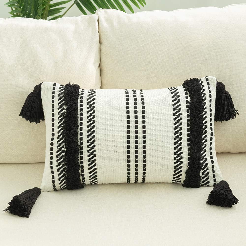 ToGeeKa Boho Woven Tufted Lumbar Decorative Throw Pillow