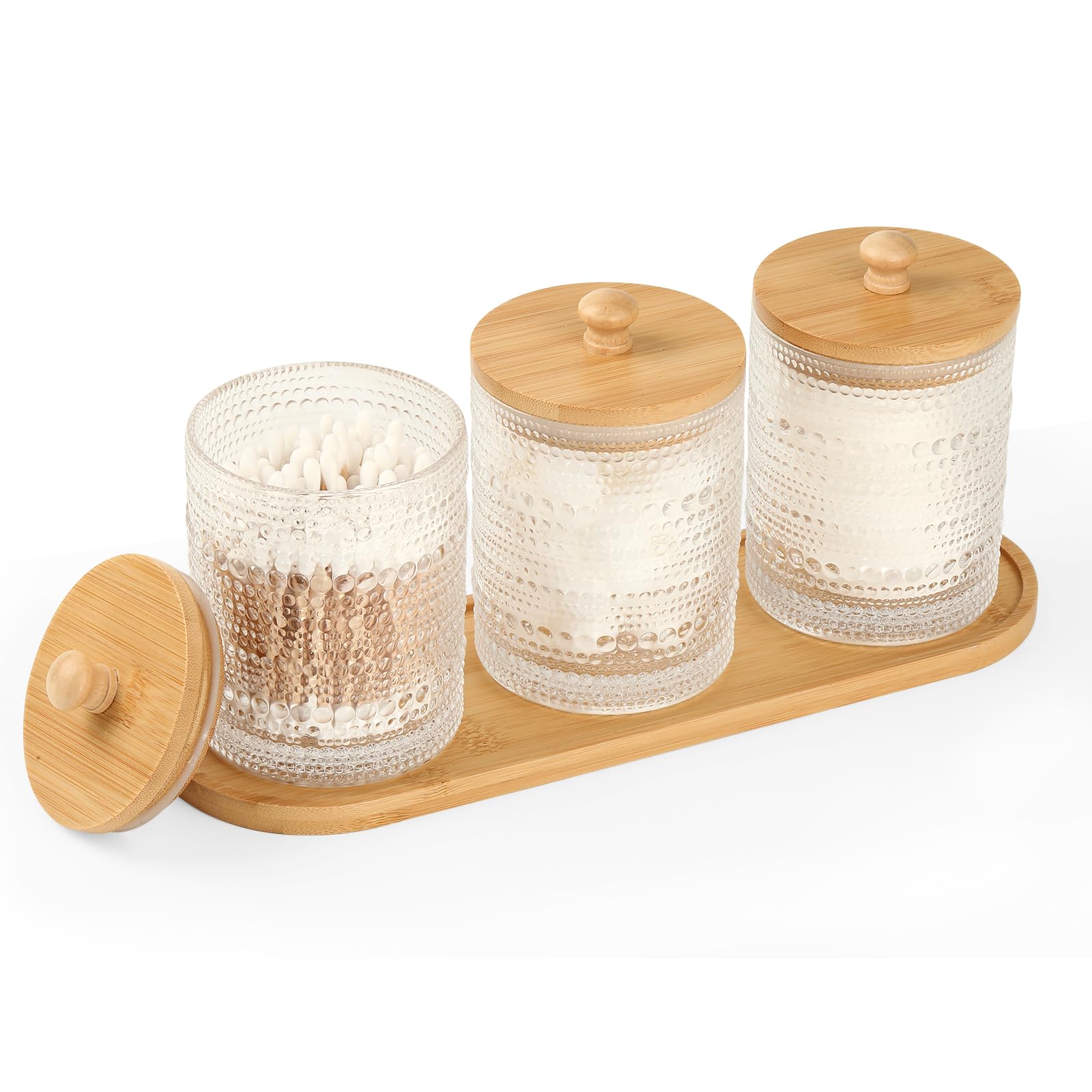 Photo 1 of *** similar item*** see pic***  eggs sound 3 Pack Qtip Holder - Bathroom Organizers and Storage, Cotton Round Pad Holder Floss Pick Cotton Ball Holder with Tray, Glass Apothecary Jars with Lids, -clear y D