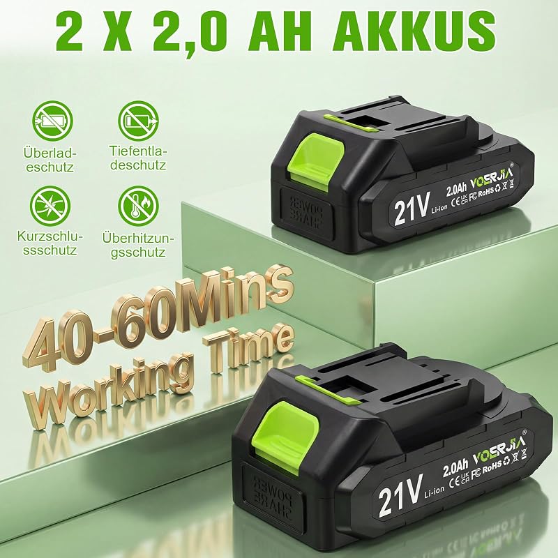 Akku Rasentrimmer 21V, 2-in-1 Rasentrimmer & Kantenschneider, LCD Akkuanzeige, 2×2000mAh Akku, Automatische Fadennachführung, 8 Fadenspulen, für Rasen, Rasenkanten & Gartenwege