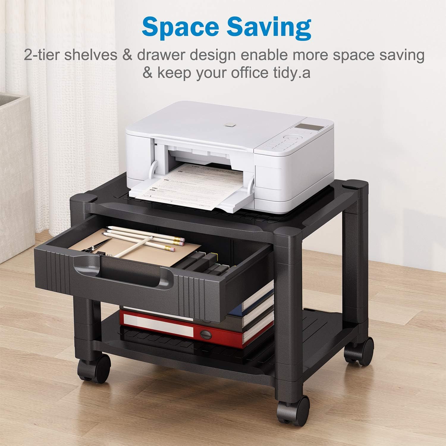Printer Stand - Under Desk Printer Stand with Cable Management & Storage Drawers, Height Adjustable Printer Desk with 4 Wheels & Lock Mechanism for Mini 3D Printer by HUANUO : Office Products