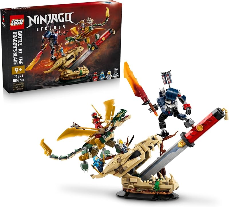 Ninjago Battle at the Dragon's Sword – Figuras de Dragão & Mech – 4 Minifiguras de Katana de Brincar – Decoração do Quarto – Presente para Idades 9+ & Ventiladores – 71871